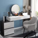 Glossy black and white extendable makeup vanity with mirror and side cabinet02 (1)