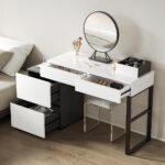 Glossy black and white extendable makeup vanity with mirror and side cabinet05 (1)