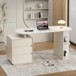Home Office White Desk with Drawers and Storage Shelves, Cream White01