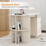 Home Office White Desk with Drawers and Storage Shelves, Cream White08