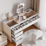 Modern black vanity set with lighted mirror, charging station and jewelry storage01