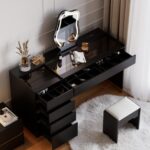 Modern black vanity set with lighted mirror, charging station and jewelry storage02