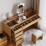 Modern black vanity set with lighted mirror, charging station and jewelry storage03