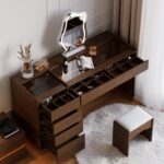 Modern black vanity set with lighted mirror, charging station and jewelry storage04