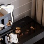 Modern black vanity set with lighted mirror, charging station and jewelry storage09