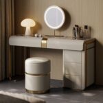 Modern grey vanity set with side cabinet, dressing table with mirror and stool01