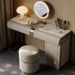 Modern grey vanity set with side cabinet, dressing table with mirror and stool02