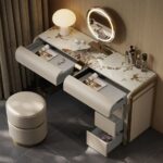 Modern grey vanity set with side cabinet, dressing table with mirror and stool03