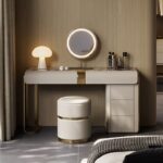 Modern grey vanity set with side cabinet, dressing table with mirror and stool04