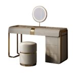 Modern grey vanity set with side cabinet, dressing table with mirror and stool06