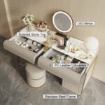 Modern grey vanity set with side cabinet, dressing table with mirror and stool07