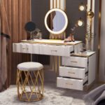 Modern white extendable makeup vanity with 5 drawers and dressing table1