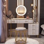 Modern white extendable makeup vanity with 5 drawers and dressing table3