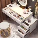 Modern white extendable makeup vanity with 5 drawers and dressing table4