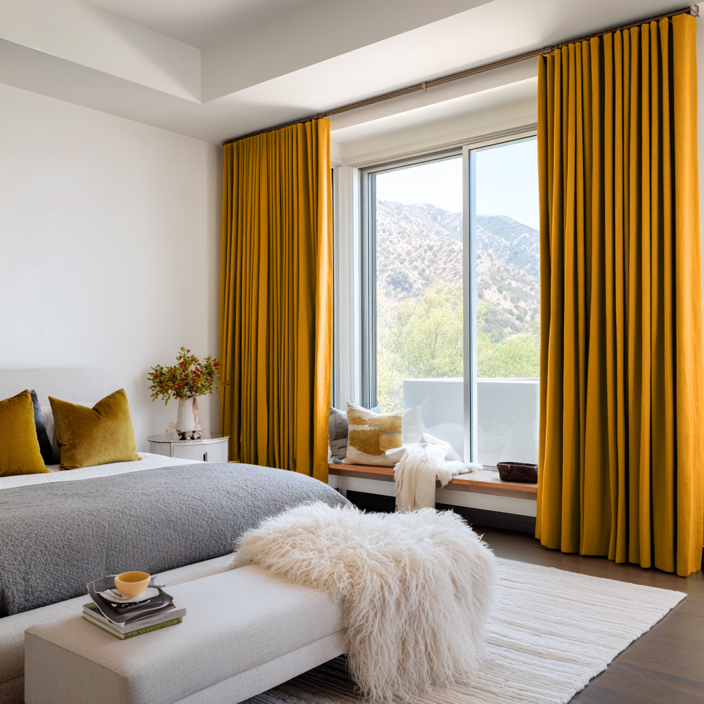 Mustard Yellow Linen Soundproof Curtains with Multitape Heading02