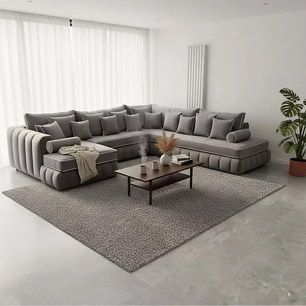 Oyster large U Shape Sofa Open Ended Velvet Fabric Chaise1