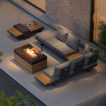 Propane Gas Fire Pit Table With Glass & Modern L Shape Outdoor Sectional Sofa Set3