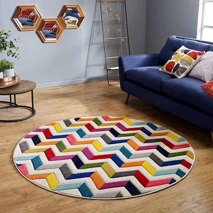 Spectra Hand Carved Geometric Rainbow Vibrant Multi Coloured Soft Rug Round1