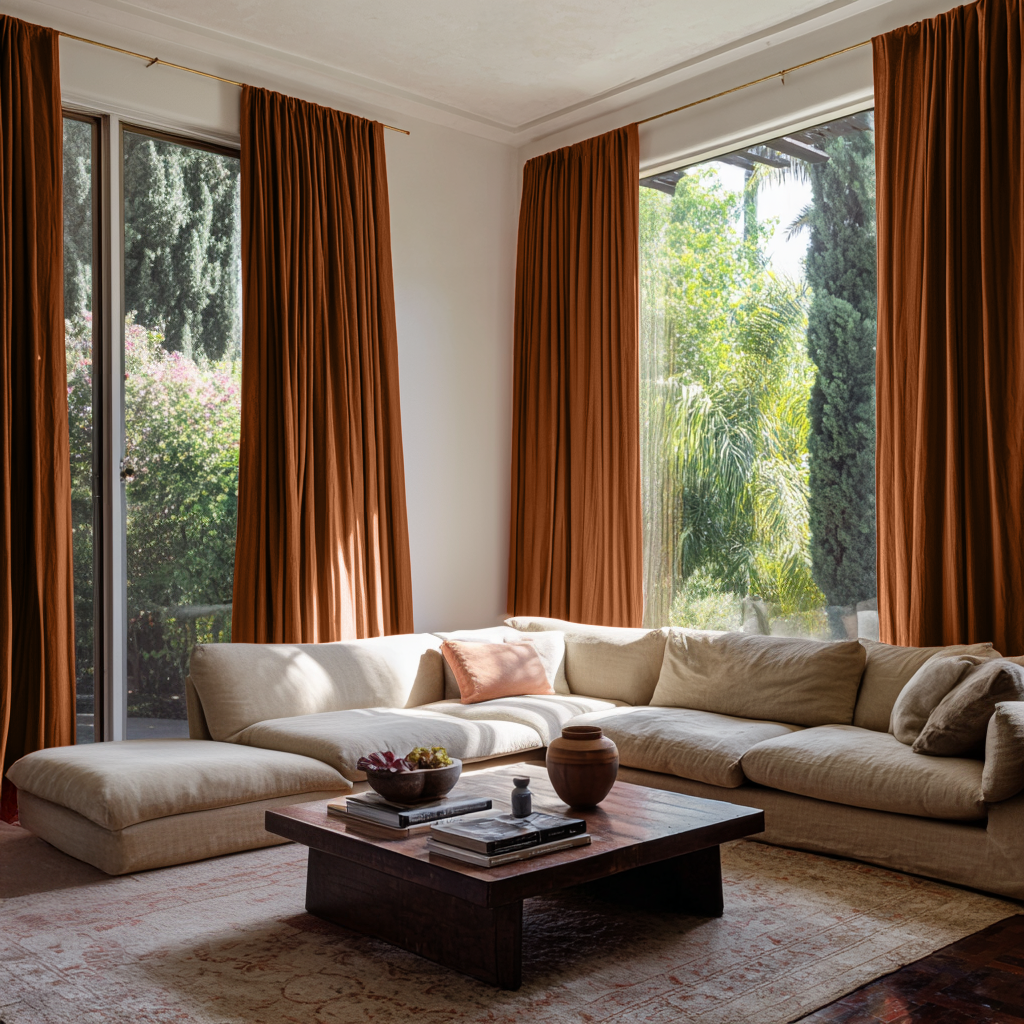 Terracotta Heavyweight Linen Soundproof Curtains with Multitape Heading2