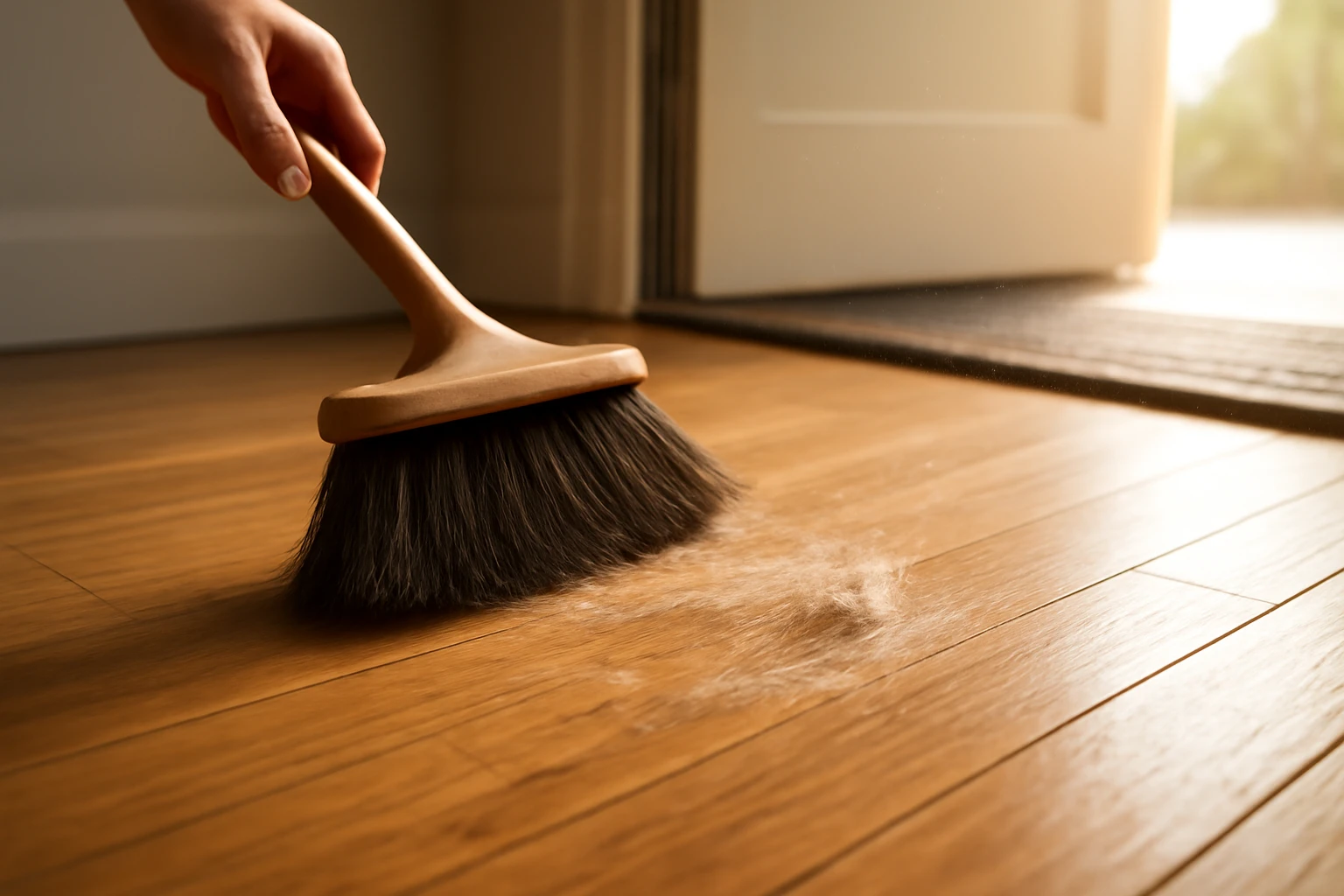A broom sweeping fine dust and pet hair from honey-toned strand-woven bamboo flooring at a home entryway in sunlight.