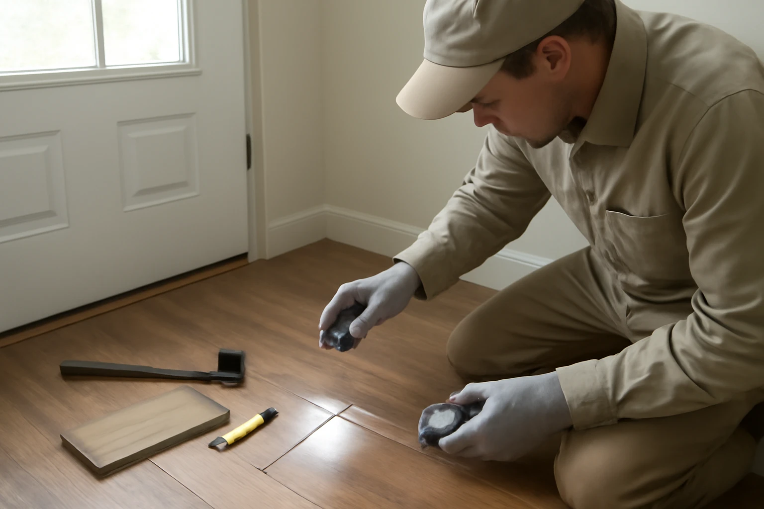 A flooring professional inspects a loose laminate plank and seam near a doorway with tools and a diagnostic light nearby.