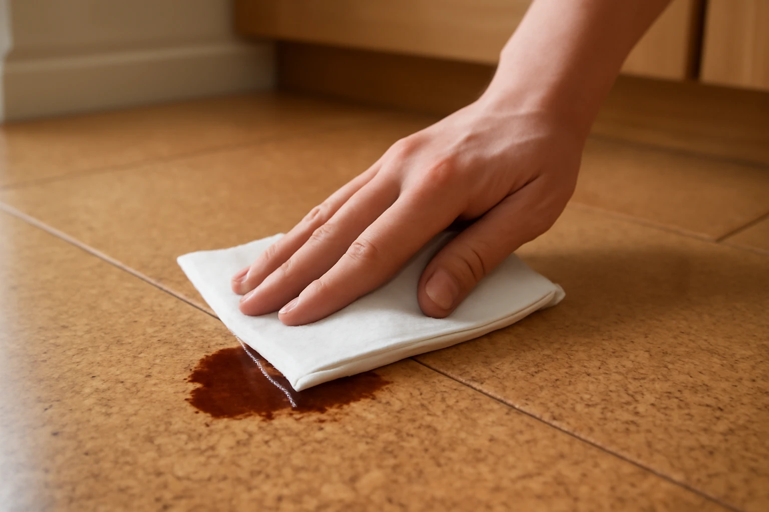 A hand blotting a small coffee spill on honey-brown cork flooring with a white absorbent cloth in a kitchen.