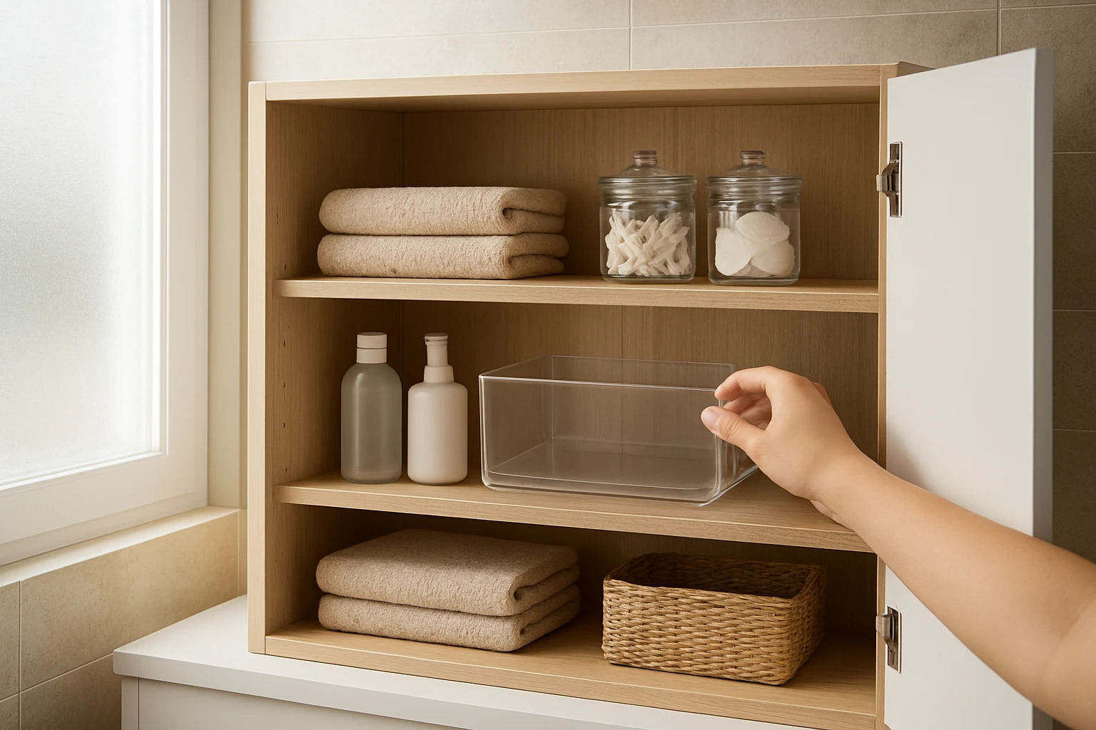 A hand places a clear acrylic bin into a three-tier bathroom cabinet with towels, unmarked glass jars, and small baskets.