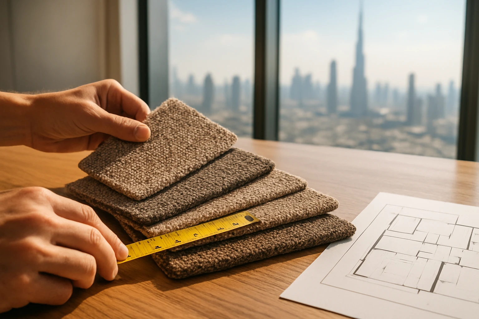 A homeowner comparing carpet swatches with a measuring tape and printed floor plan on a sunlit table in a Dubai apartment.