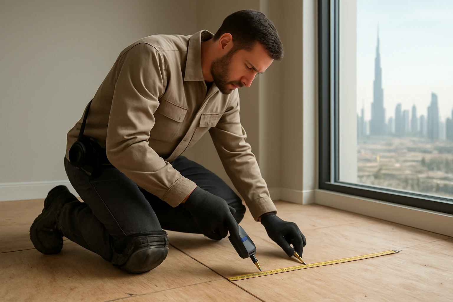 A professional flooring installer kneeling on a plywood subfloor in a Dubai apartment, using a moisture meter and tape to mar