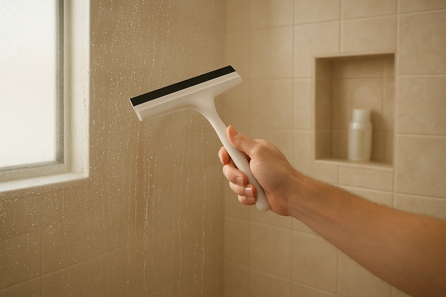A rubber squeegee being used to wipe a glass shower door with a tiled shower wall and grout lines visible behind it.