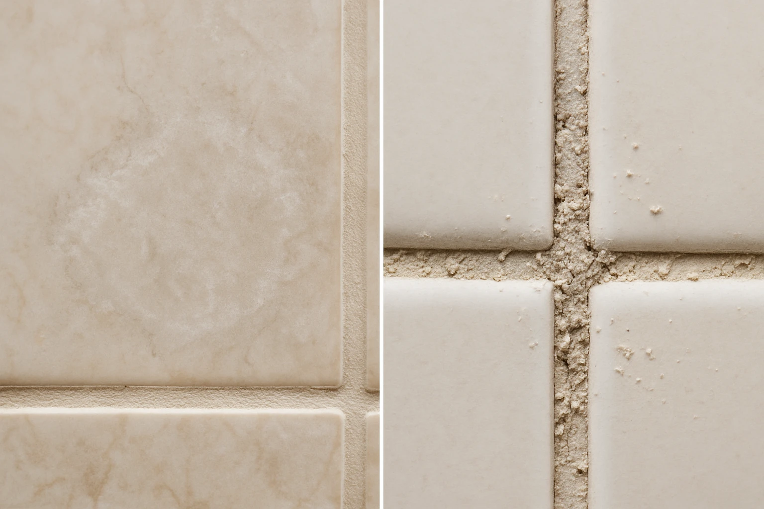Acid-etched marble shower tile on the left and crumbly grout with loose particles on the right, shown in close-up comparison.