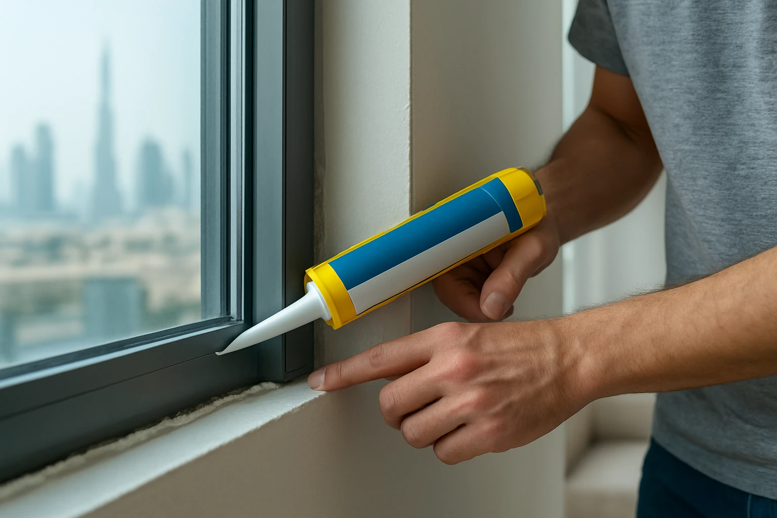 Acoustic sealant being applied to window