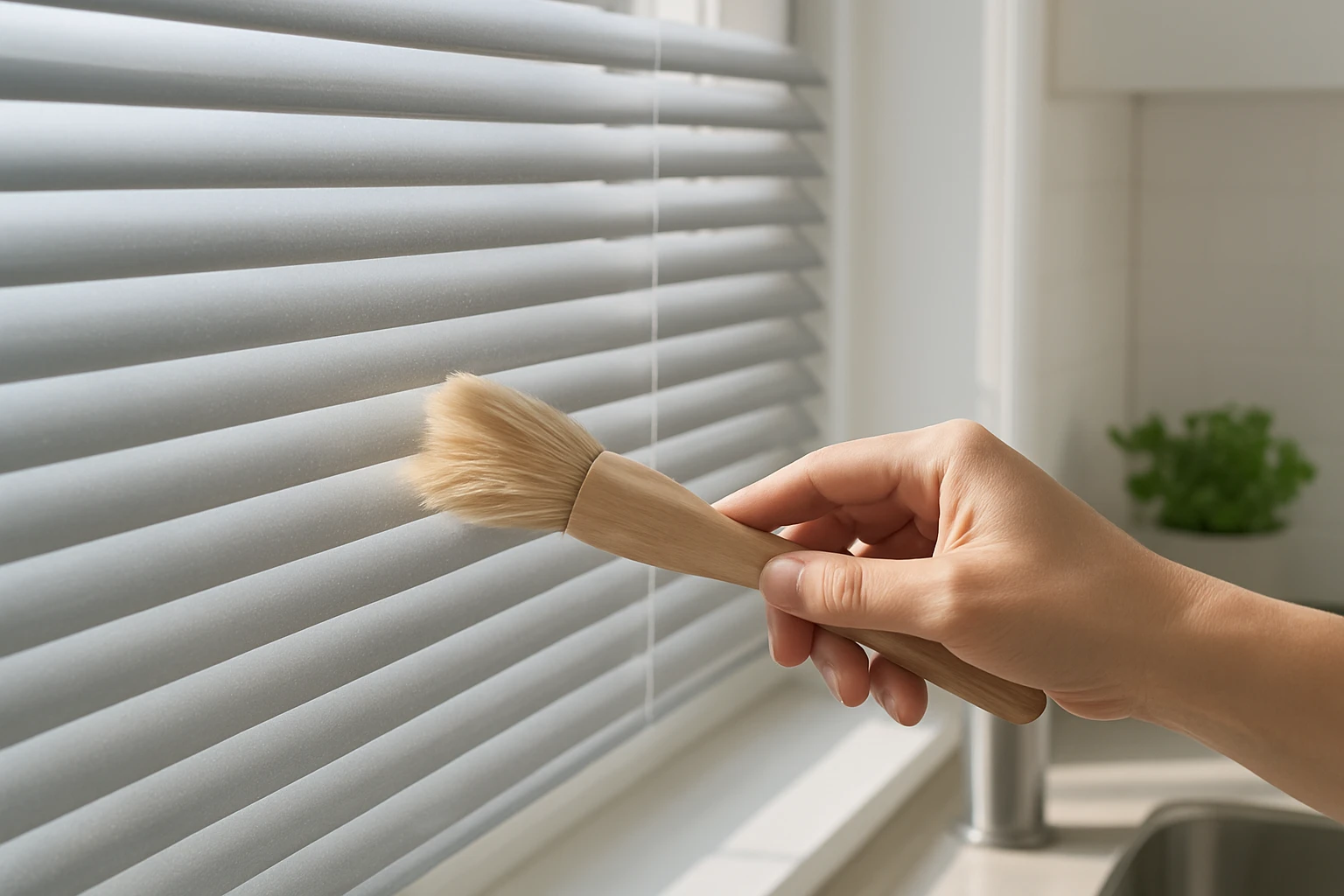 Aluminum horizontal blinds being gently dusted with a soft brush by a person's hand beside a bright kitchen window.