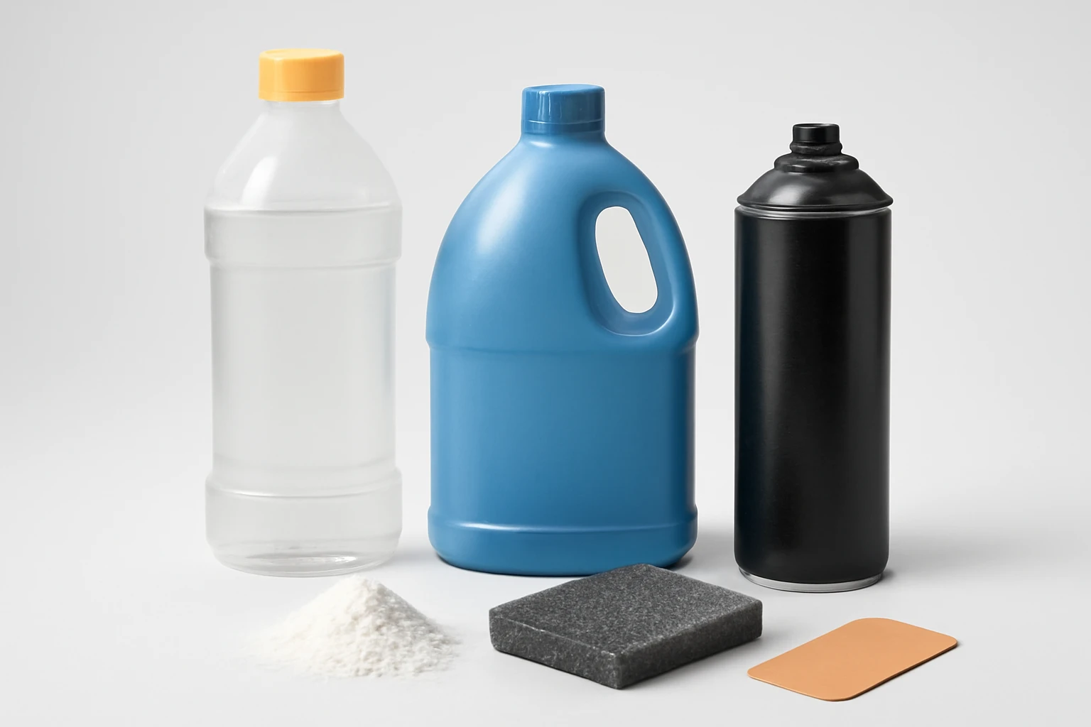 Assortment of cleaners to avoid on cork flooring: bleach bottle, ammonia jug, oil-based polish can and spilled abrasive powde