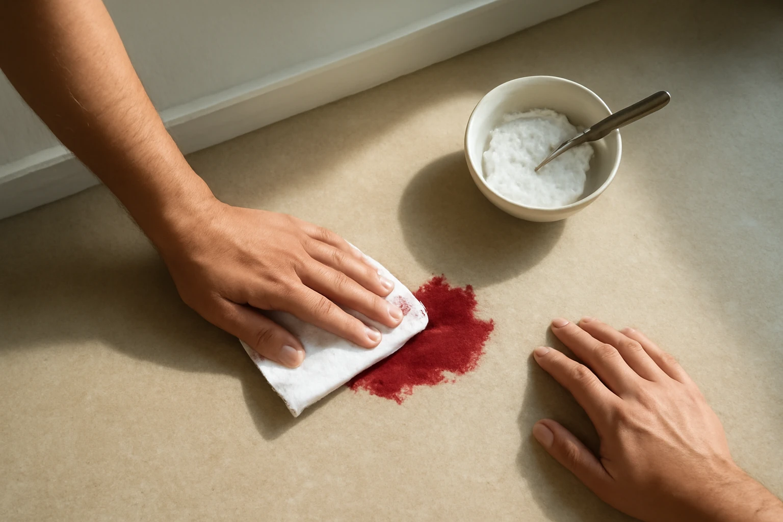 Baking soda paste being dabbed onto a red wine stain on beige vinyl flooring using a soft white cotton cloth.