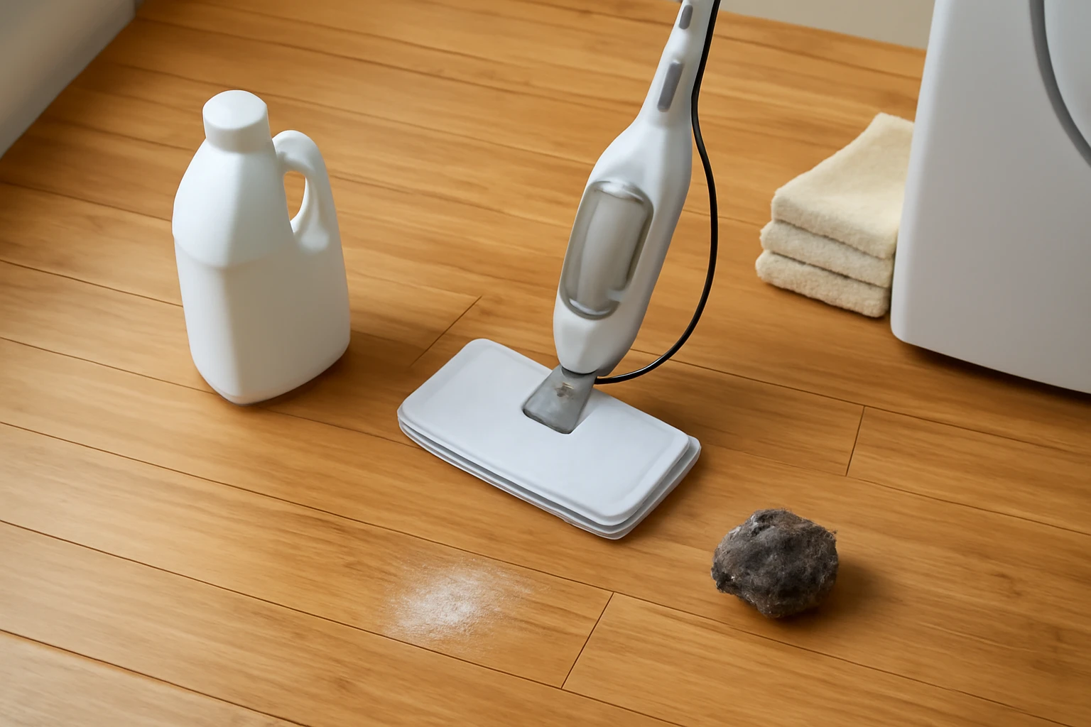 Bamboo floor with a steam mop, unbranded white chemical jug, steel wool pad, and spilled abrasive powder in a laundry room.