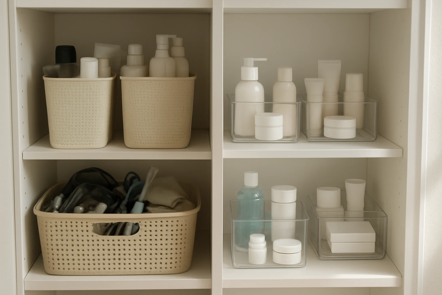 Bathroom cabinet before and after: left side crowded with tall opaque bins hiding products, right side organized with clear s