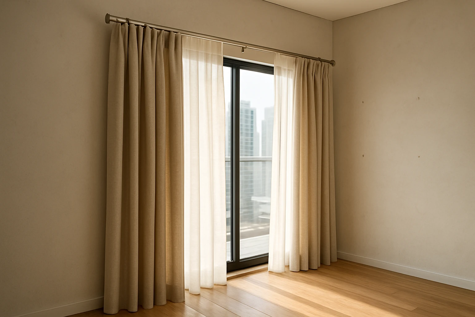 Brushed metal curtain rod mounted above a large living room window with full-length linen curtains and sheer panels.
