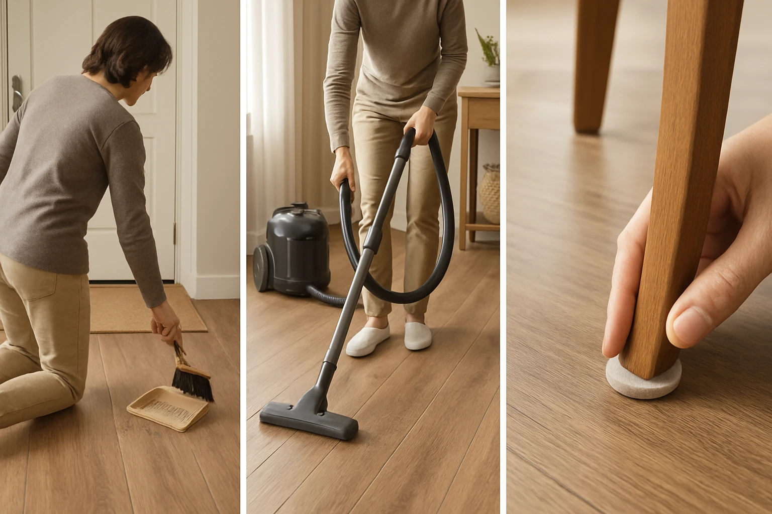Canister vacuum with hard-floor attachment removing loose grit from wood-look vinyl plank flooring in a bright entryway, show