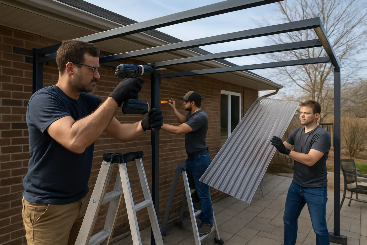 Canopy frame installation on residential patio