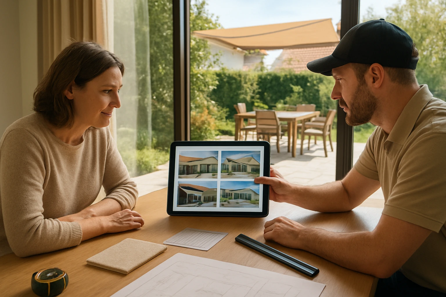 Canopy roofing consultation with homeowner