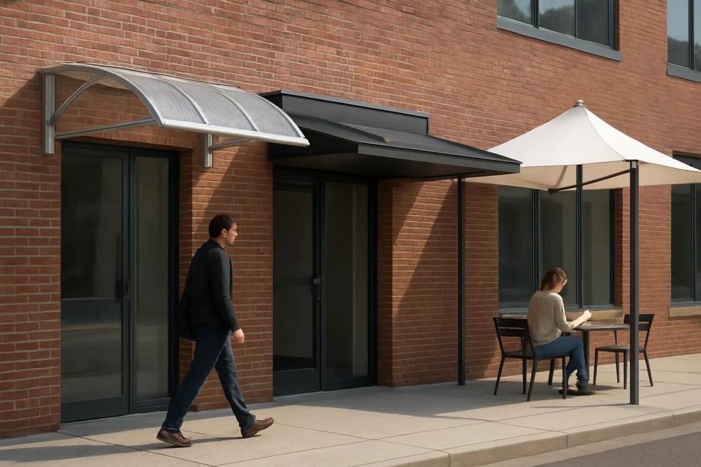 Canopy roofing types on commercial facade