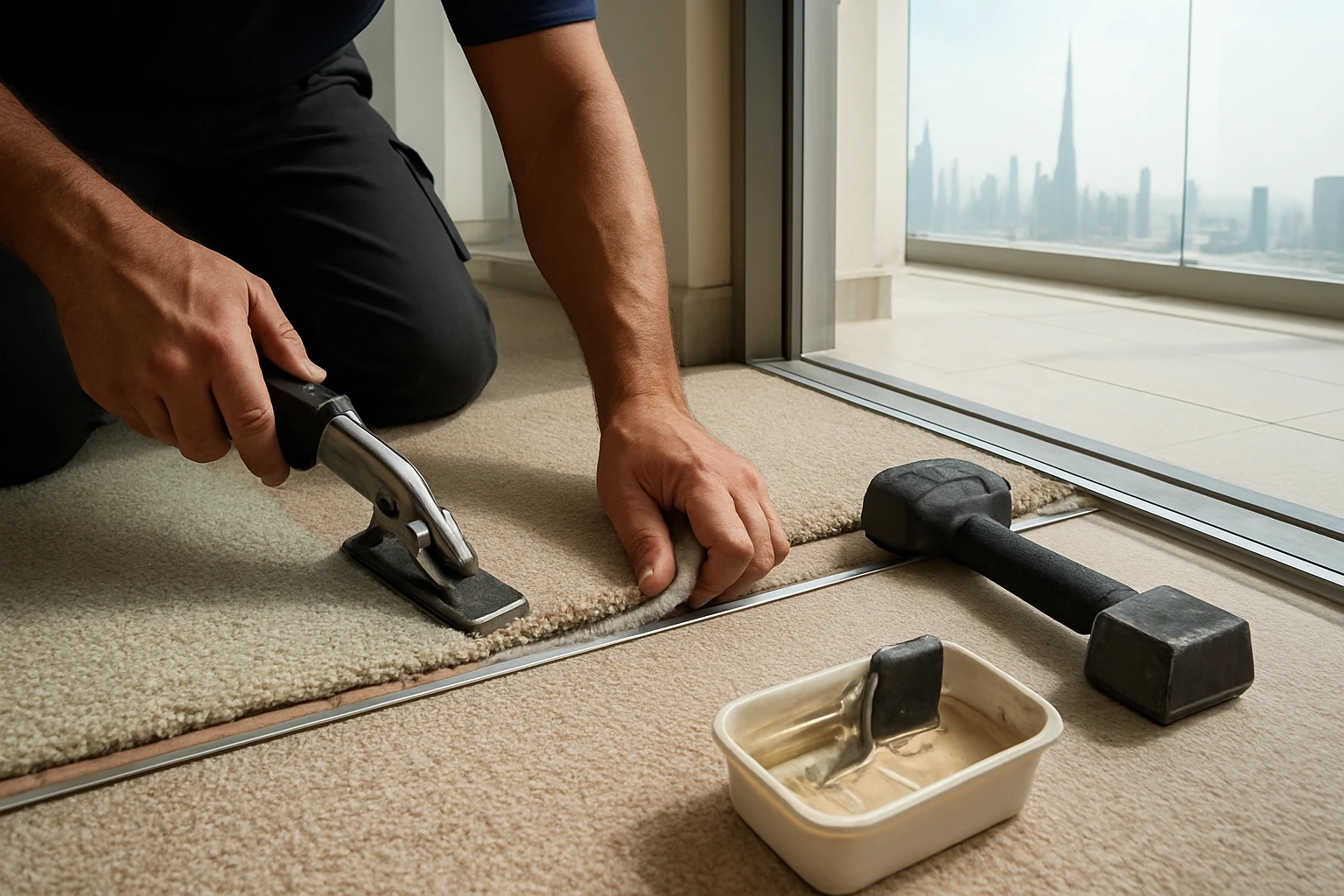 Carpet fitter trimming excess carpet at a doorway in a Dubai apartment, exposing foam underlay, adhesive tub, and installatio