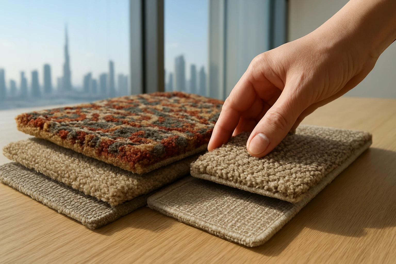 Carpet samples of wool, nylon and polypropylene on a showroom table with a hand feeling pile height and Dubai skyline visible