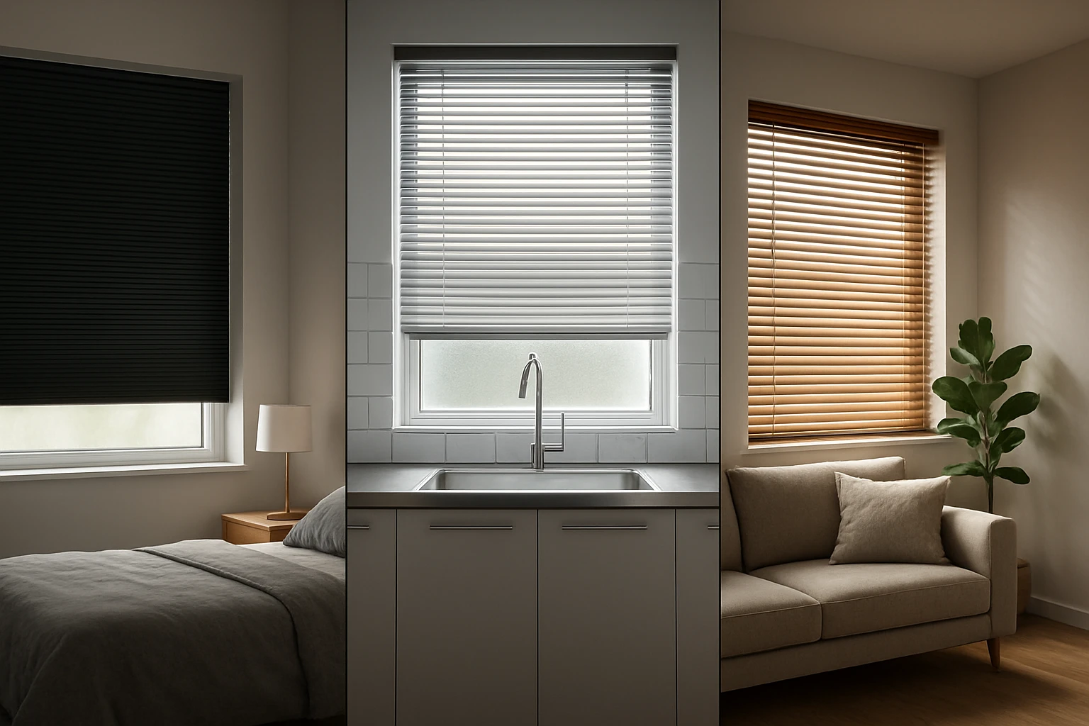 Cellular blackout blind in a bedroom, aluminium blinds over a kitchen sink, and wooden venetian blinds in a living room.
