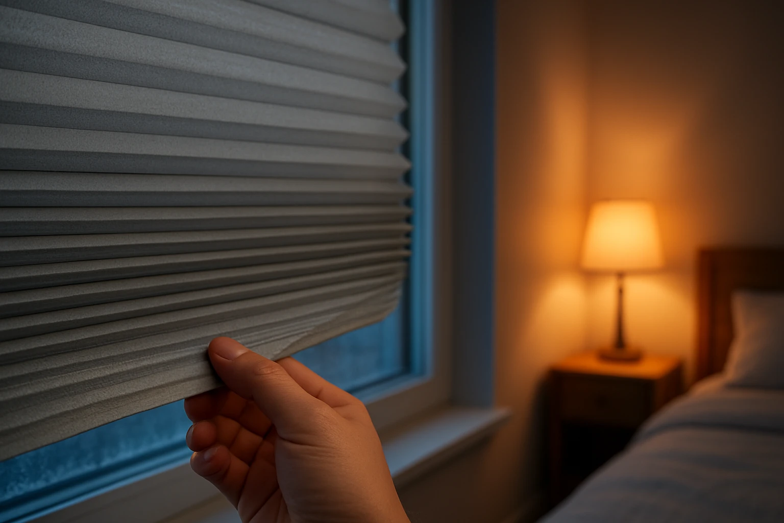 Cellular honeycomb blinds with a corner pulled aside to reveal air pockets at a bedroom window on a cool evening.