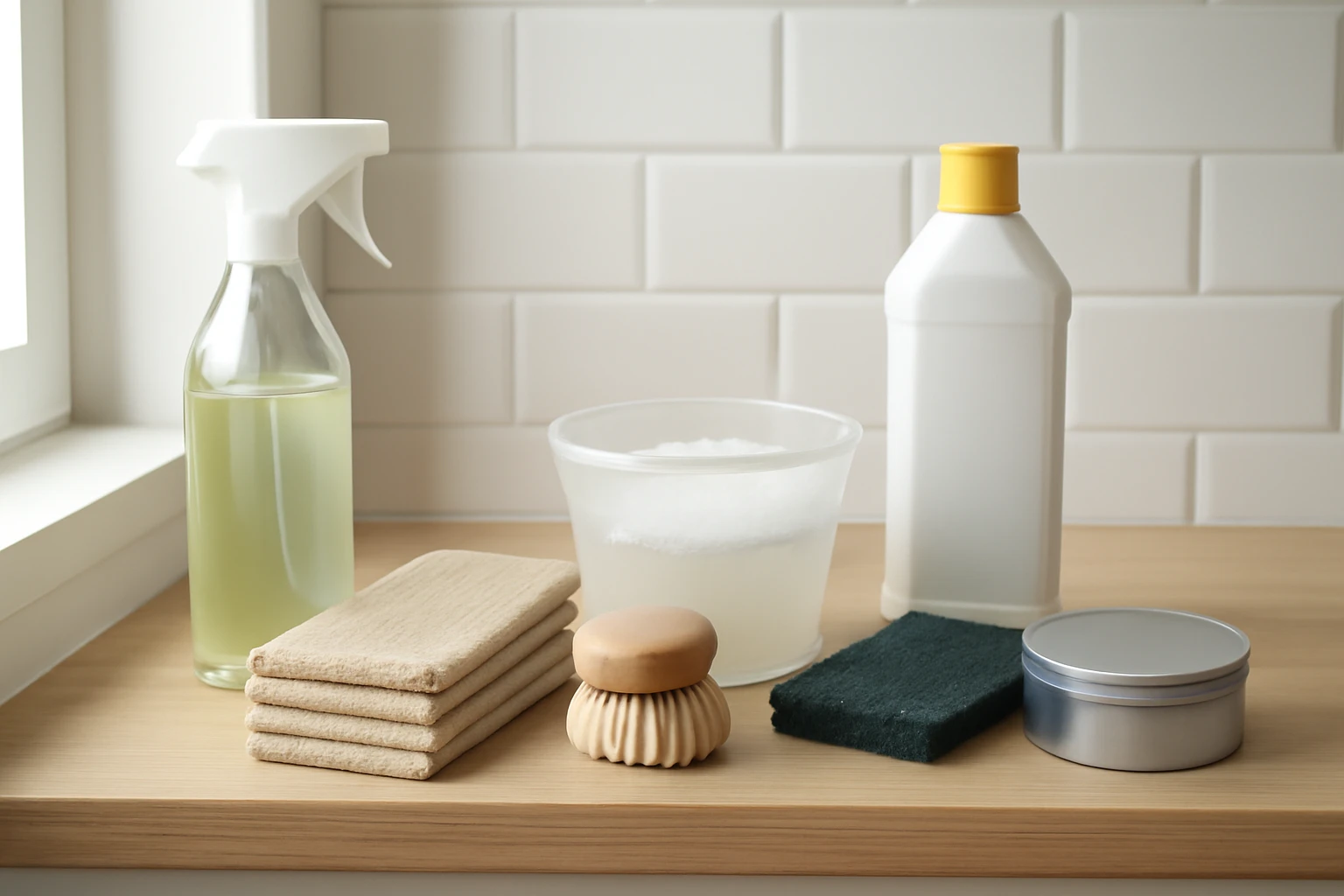 Cleaning products for vinyl flooring on a light wood shelf showing recommended microfiber cloths, soft brush and spray beside