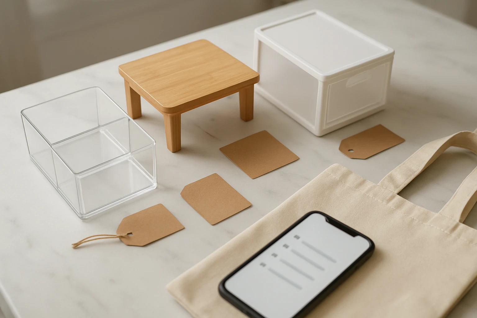 Clear acrylic bathroom organizers and a small bamboo riser beside a smartphone with a blurred shopping checklist and a folded