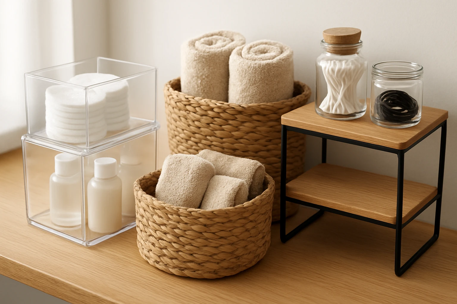 Clear acrylic bins, woven seagrass baskets, glass jars and two-tier risers on a wooden workbench holding cotton pads, bottles