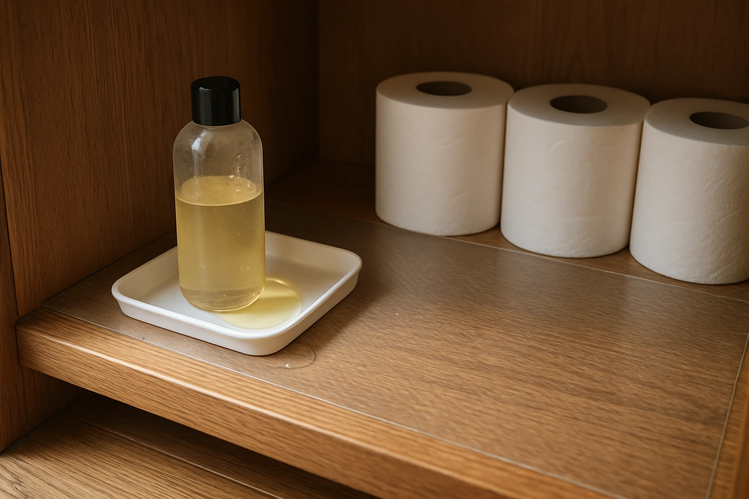 Clear waterproof shelf liner and a shallow tray catching a leaking shampoo bottle inside the bottom of a wooden bathroom cabi